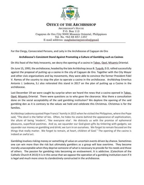 Cagayan de Oro archbishop leads opposition against new casino .